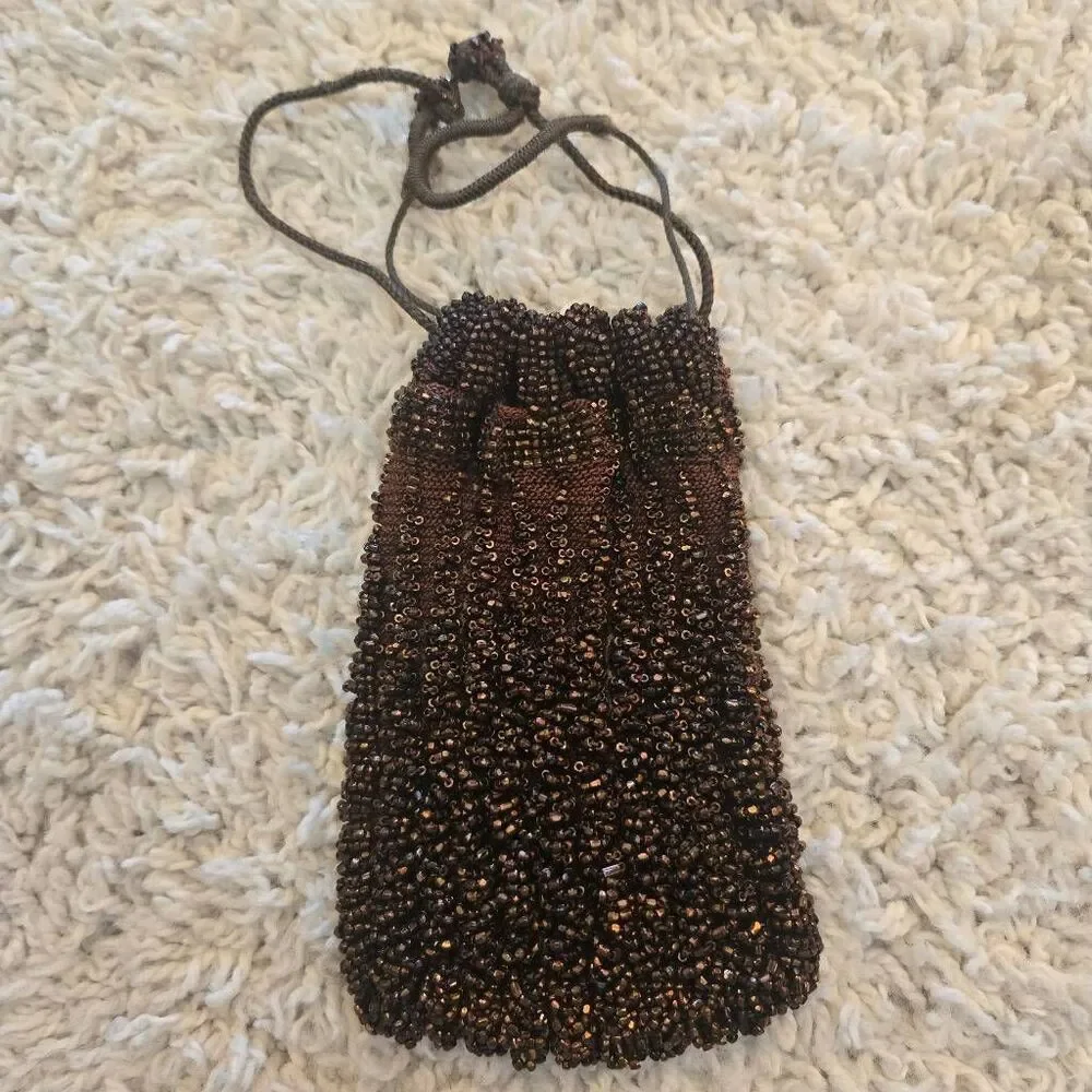 Antique Bronze Brown Bead Flapper Bag Drawstring Purse Pouch